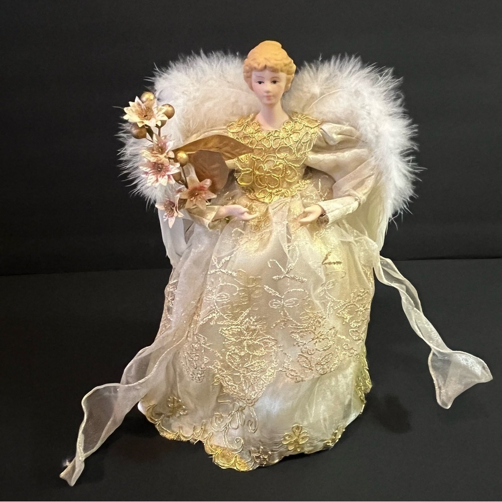 Vintage Christmas Tree Topper Angel Delicate Porcelain Victorian Cream Feather